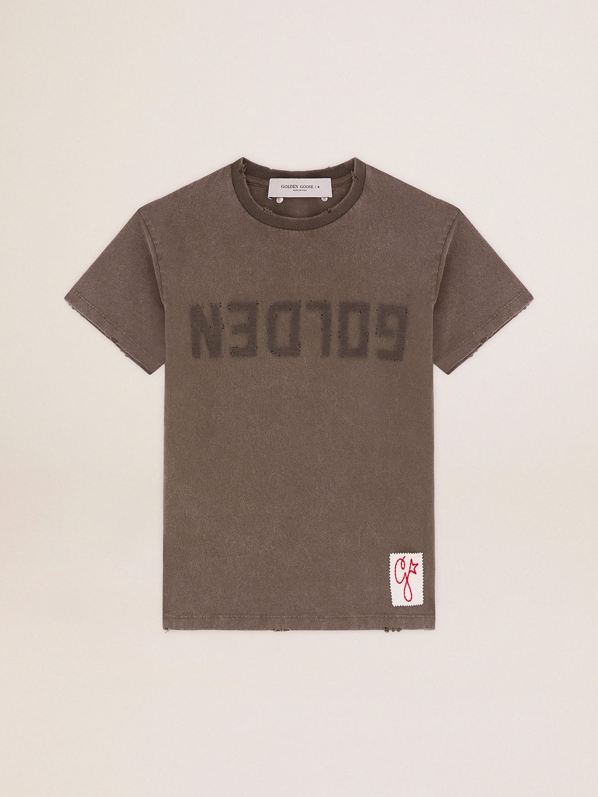 Olive-green regular-fit T-shirt with Golden lettering on the front